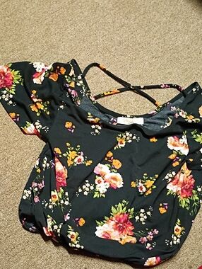 Rewind Black Floral Cold-Shoulder Top with Pink & Orange Blooms